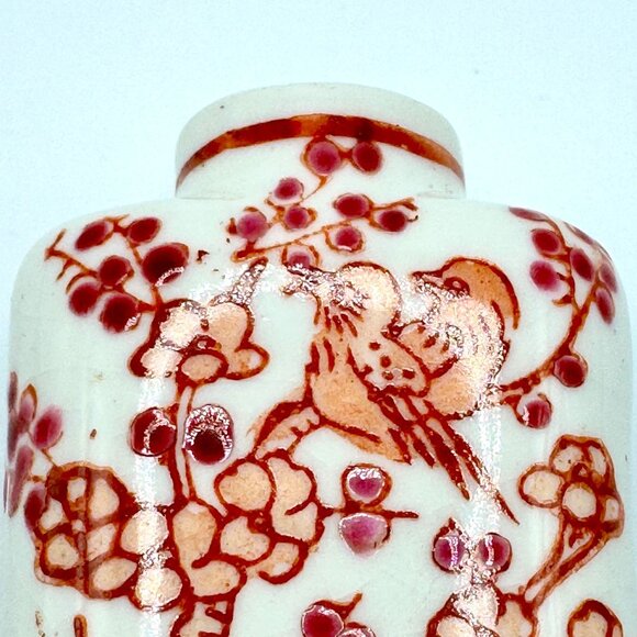 Antique Snuff Bottle Hand-Painted Ceramic With Jade Stopper & Floral Bird Design - Picture 11 of 13